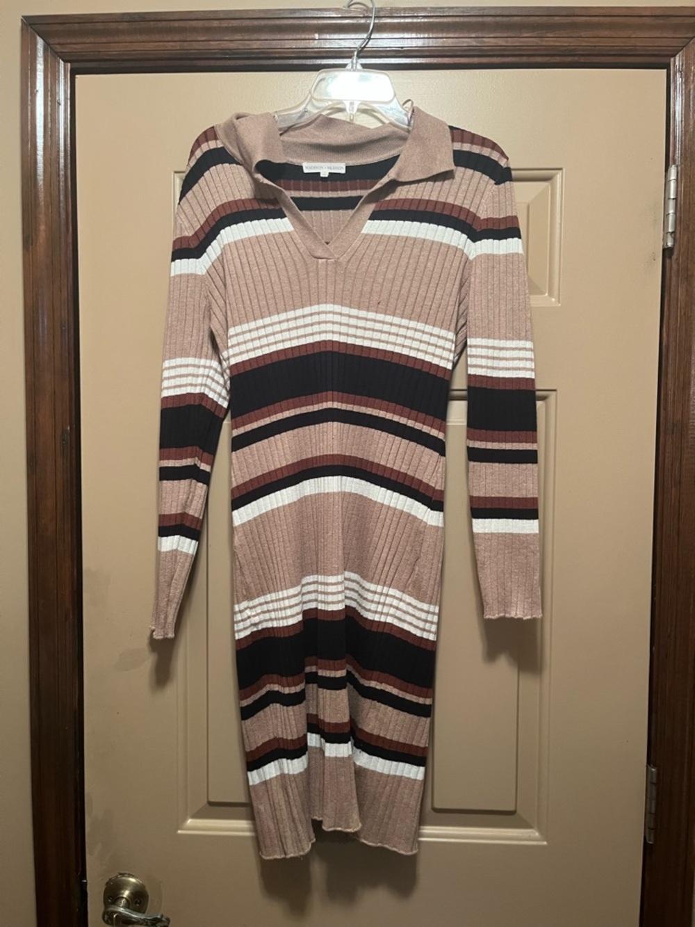 Striped Ribbed Collared Knit Dress in Blush Multi